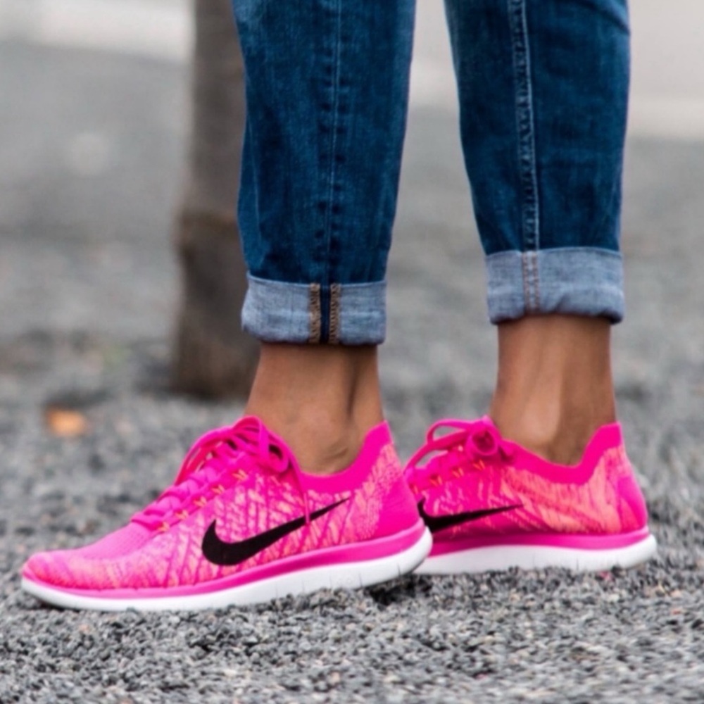 RARE Nike Free 4.0 Flyknit Running Shoes Sz 8.5 In Pink Foil/Black/Sunset Glow